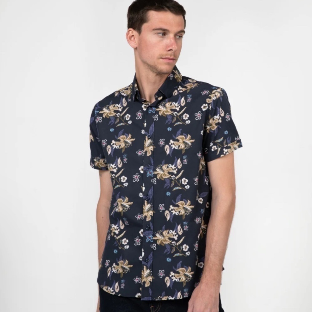 Vustra Tropical Floral Print Short Sleeve Shirt Organic Cotton mens size XXL NWT